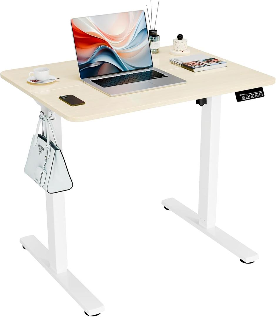 Electric Standing Desk, 31.5" x 23.6" Height Adjustable Sit Stand Desk with Splice Board for Home Office, Computer Desk Memory Preset (White Frame, Gold Oak Desktop) (32-inch)