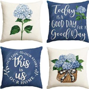 AVOIN colorlife Blue Hydrangea Spring Summer Throw Pillow Covers, 16 x 16 Inch Today is A Good Day Dark Blue Cushion Case Decoration for Sofa Couch Set of 4