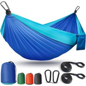 Camping Hammock Lightweight, Portable Hammocks Parachute Hammock with Two Tree Straps, Single or Double Travel Swing Nylon Camp Hammocks, Outdoor Essentials for Beach Backpacking Hiking, Blue