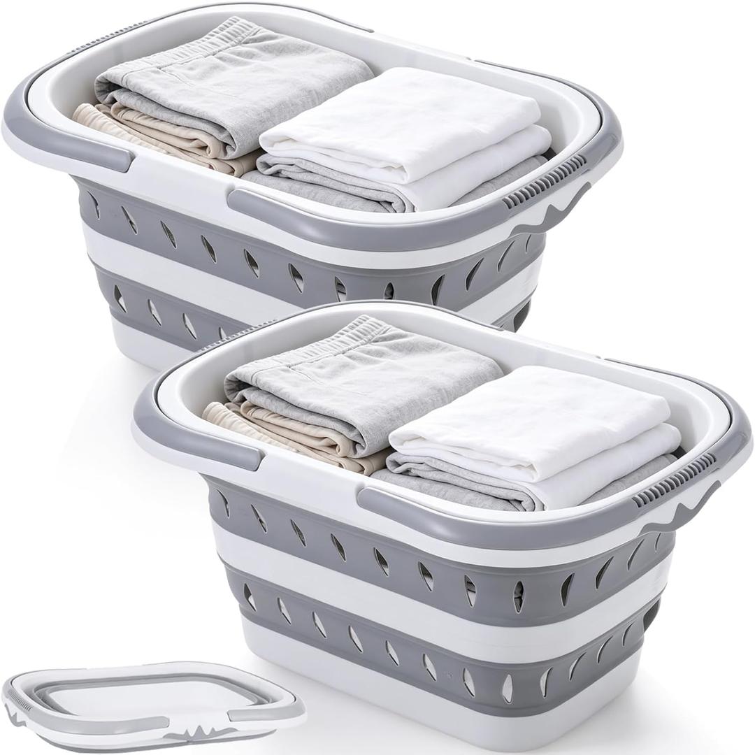 2 Pack Collapsible Plastic Laundry Basket, 10.6 Gallon 40L Foldable Hamper with Handles, Laundry Room, Portable Washing Basket, Space Saving Clothes Storage Bin for Bedroom, Bathroom