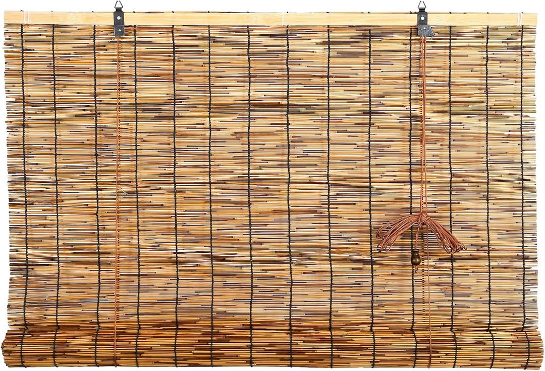 Reed Roller Blinds Shades, Vertical Lifting and Breathable Waterproof Design, Sun Shade and Ventilation, Easy Installation,24" Wx64 H (Brown)