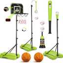 4 in 1 Kids Basketball Hoop and Tball Set for kids 3-5, Adjustable Height Toddler Basketball Hoop, Hanging Tee Baseball with Automatic Pitching Toddler Birthday Gift Outdoor Toys for 3-12 Years Old