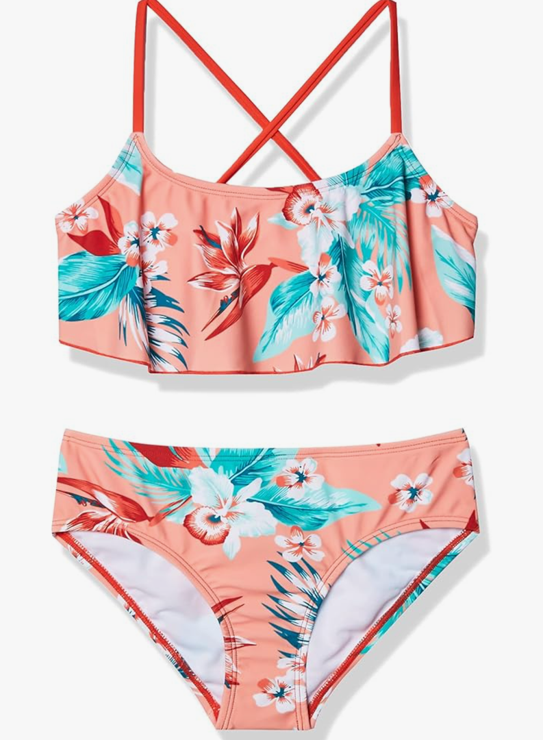 Kanu Surf Girls' Karlie Flounce Bikini Beach Sport 2 Piece Swimsuit Alania Floral Coral, Size 8