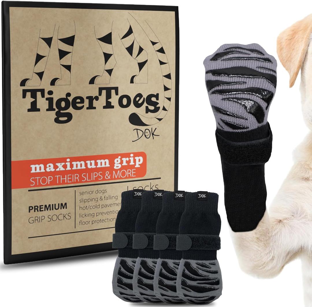 DOK TigerToes Premium Non-Slip Dog Socks for Hardwood Floors - Extra-Thick Grip that Works Even When Twisted - Prevents Licking, Slipping, and Great for Dog Paw Protection (X-Large) (Classic Grey)
