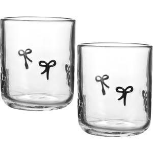Skylety 2 Pack Bow Icon Juice Glass Coquette Bow Aesthetic Cup 14 ounce Double Old Fashioned Icon Handblown Cocktail glasses for Women Friend Party(Black)