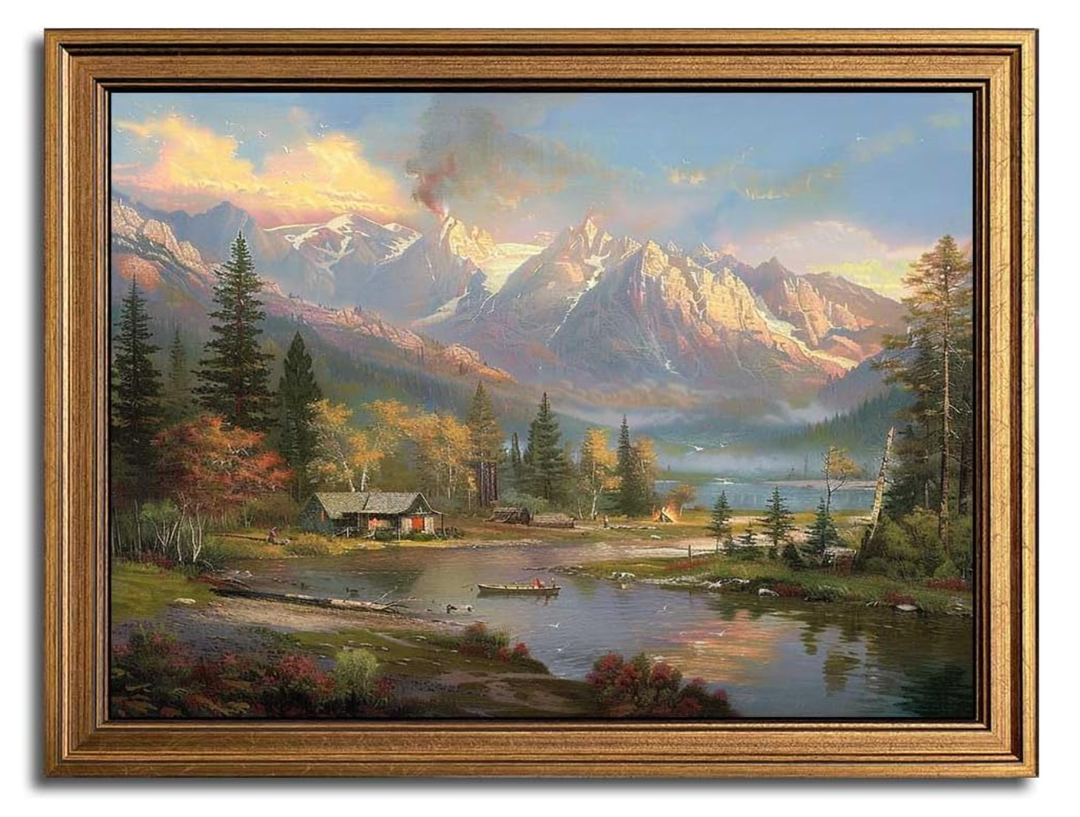 Vintage Gold Framed Wall Art Moody Landscape Canvas Wall Art Retro Misty Forest Picture Wall Decor Farmhouse Valley Mountain Art Prints for Living Room Bedroom Bathroom 8"x10", 10"×12", 11"×9" 3 Packs