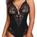 Popilush Shapewear Bodysuit for Women Lace Corset Tops for Large Bust Tummy Control Low Back V Neck Thong Bodysuits, L