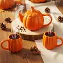 Mimorou Thanksgiving Pumpkin Tea Set Ceramic Teapot with 2 Mugs and Tea Mug Orange Ceramic Pumpkin Shaped Teapot Set for Thanksgiving Halloween Christmas Birthday Gift
