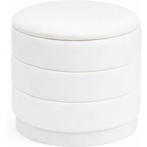 15.4" Round Velvet Storage Ottoman with Reversible Lid, Upholstered Circular Ottoman Footrest with Hidden Storage, Foldable Padded Footstool for Dorm Living Room & Bedroom, White