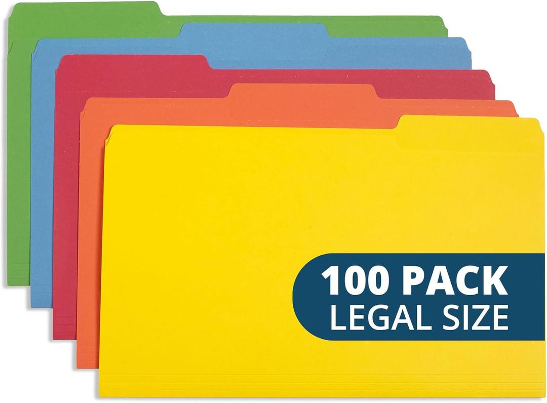 Blue Summit Supplies Colored File Folders Legal Size, 1/3 Cut Tab, Great for Organizing and Easy File Storage, 100 Per Box (Assorted)