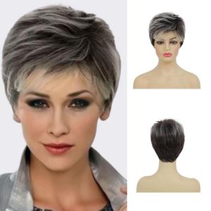 Kaneles Short Grey Pixie Cut Wigs for Women Layered Soft Fluffy Old Lady Synthetic Wigs for Daily Party Costume Halloween UseGray Mix Brown