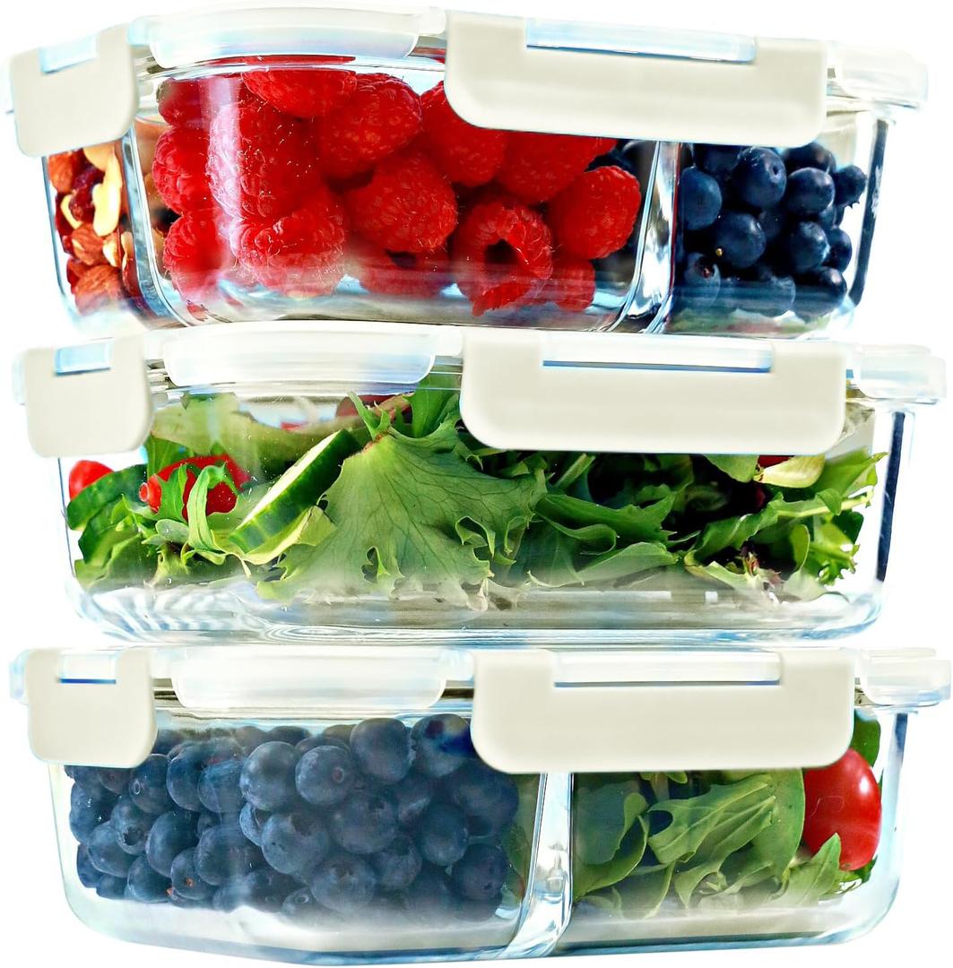 FIT Strong & Healthy Glass Meal Prep Containers, 1 & 2 & 3 Compartments Adult Bento Box, Beige Food Storage Containers with Lids, Leak-Proof, Oven & Freezer Safe, 35 oz, 3 Pack Lunch Box