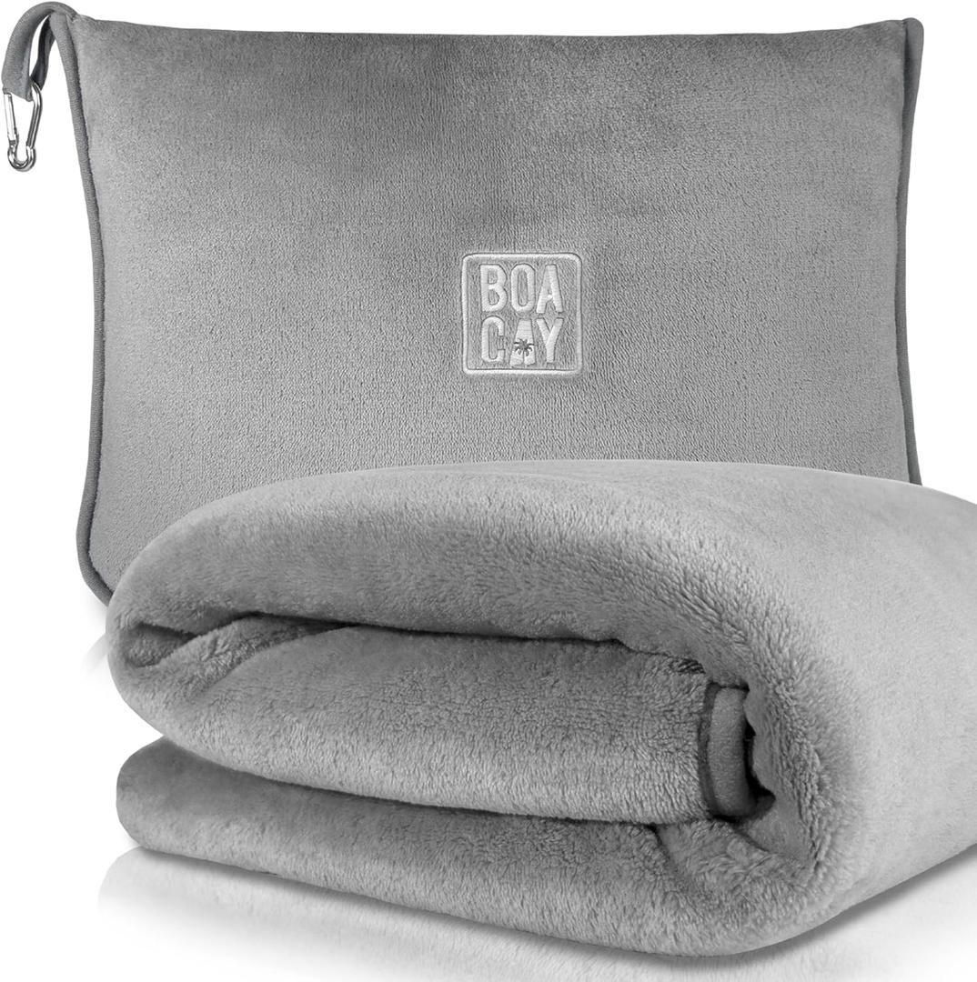 BOACAY Soft & Warm Travel Blanket for Airplane & Car - Long Flight Essential for Women, Men, Kids - Compact Pillow with Luggage Sleeve & Backpack Clip (Single, Gray)