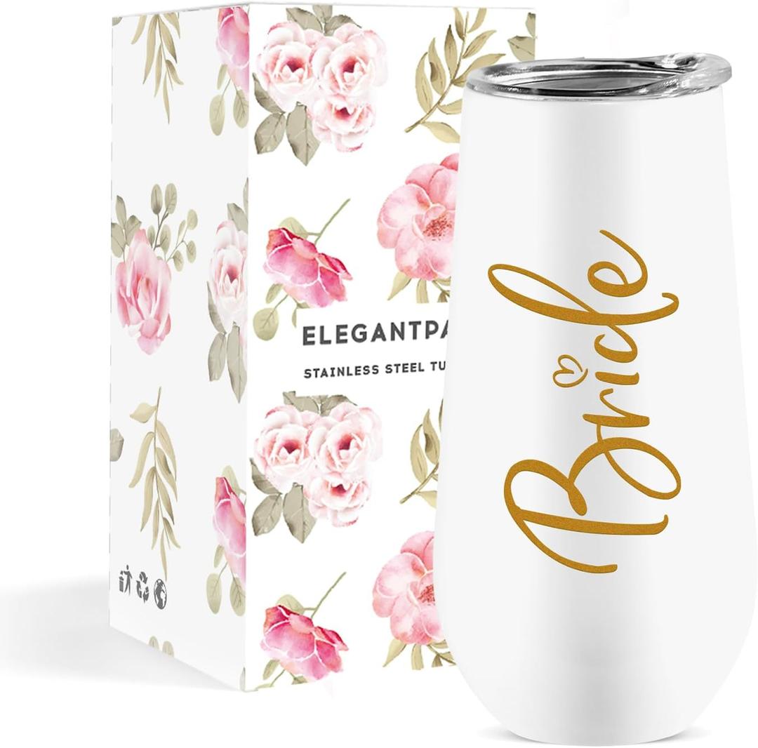 ELEGANTPARK Wedding Gifts for Bride Champagne Flutes Tumbler Wedding Engagement Gifts for Bride Wifey Mrs Bridal Party Stainless Steel Cup with Lid White 10 OZ