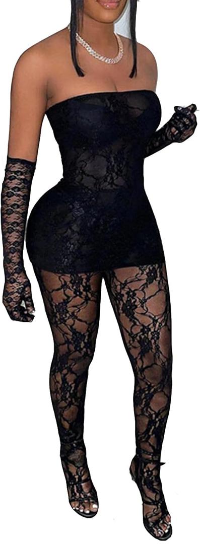 Mojessy 2 Piece Outfits for Women Sexy Lace Tube Mini Dress Top with Stockings Legging Set Birthday Outfits (Small, Black)