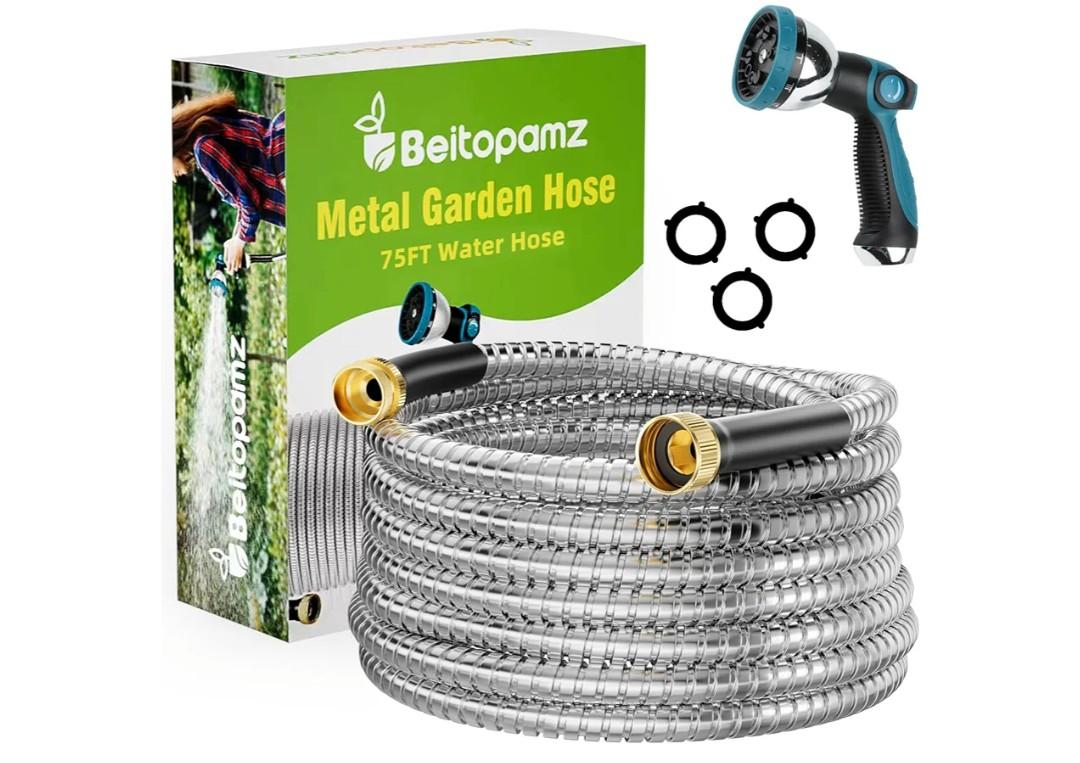 Garden Hose 75 ft, Stainless Steel Metal Water Hose with Nozzle, Flexible and Durable, Rust Proof, No-Kink, Heavy Duty, Leakproof 3/4'' Brass Fittings, Lightweight Hose for Patio, Lawn