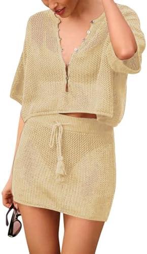 Sovoyontee Women's 2 Piece Swimsuit Coverup Crochet Hollow Out Bathing Suit Swim Beach Cover Up Crop Top Skirt Sets, XL