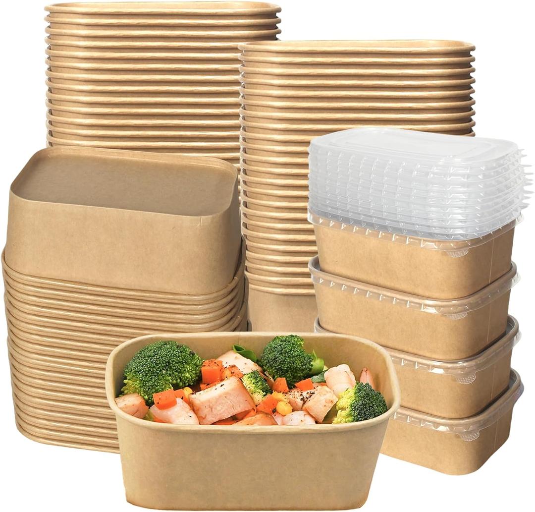 50 Pack Kraft Paper Food Container, 25 OZ Disposable Salad Bowls with Lids, Oil-Proof Rectangular Soup Bowls for Meal Prep Snack Takeout, Microwave Freezer Safe