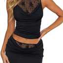 CSDAJIO 2 Piece Outfits for Women Sleeveless Lace Shirt Draped Cowl Neck Tank Top and Ruched Bodycon Mini Skirt Sets Size S