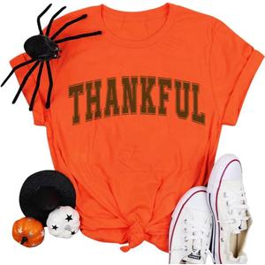 Thanksgiving Shirts for Women Thankful Letter Print Shirts Casual Pumpkin Color Fall Basic Tee (XL)