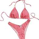 Falainetee Women's Plaid Gingham Bathing Suit High Waisted Halter Triangle Swimsuit Bikini Set (Red, XS)