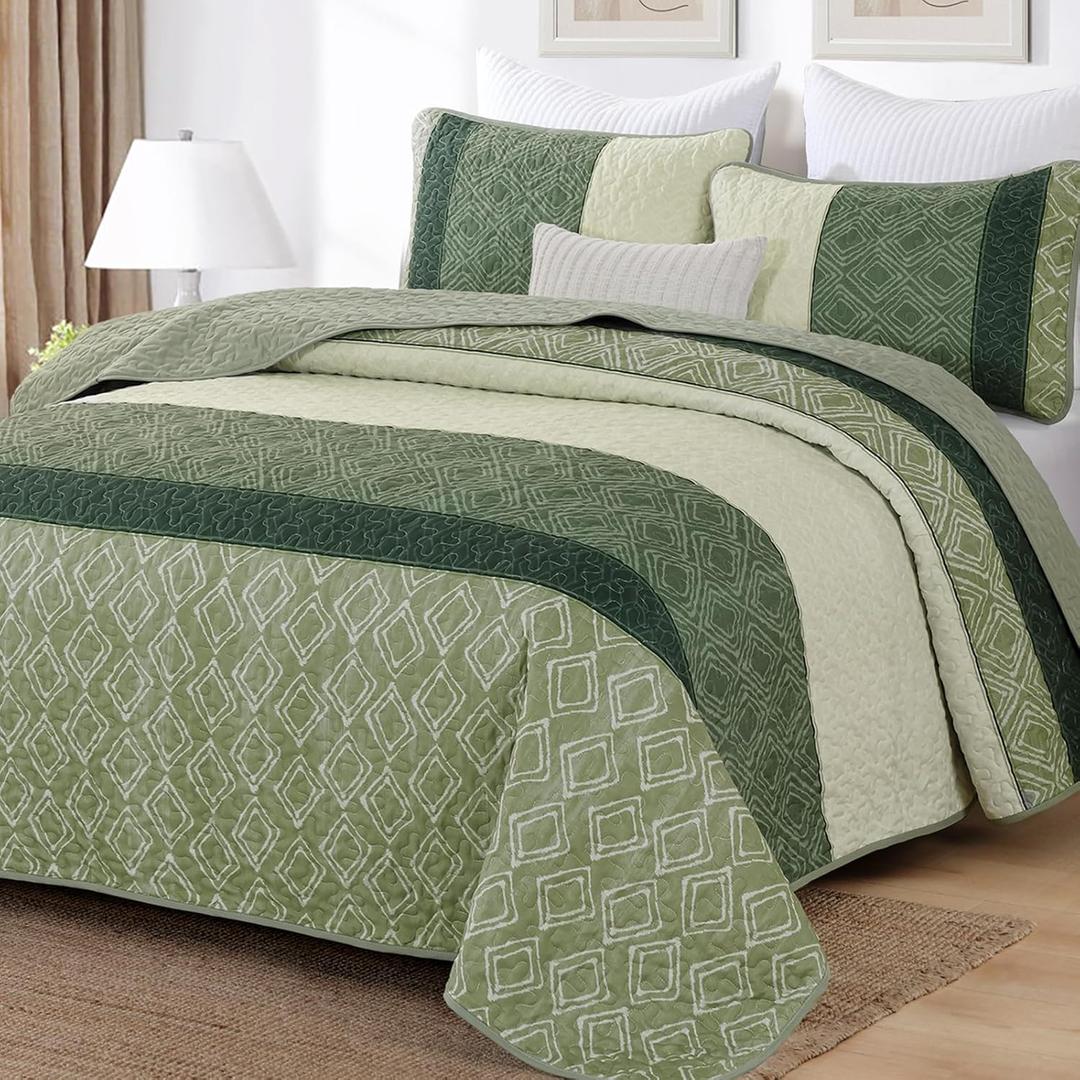 Cottolester Green Full Quilt Set,Striped Plaid Bedspread Coverlet Set,Khaki Boho Summer Bedding Set Soft Microfiber Bedding Set with 2 Pillow Shams 78"x90"