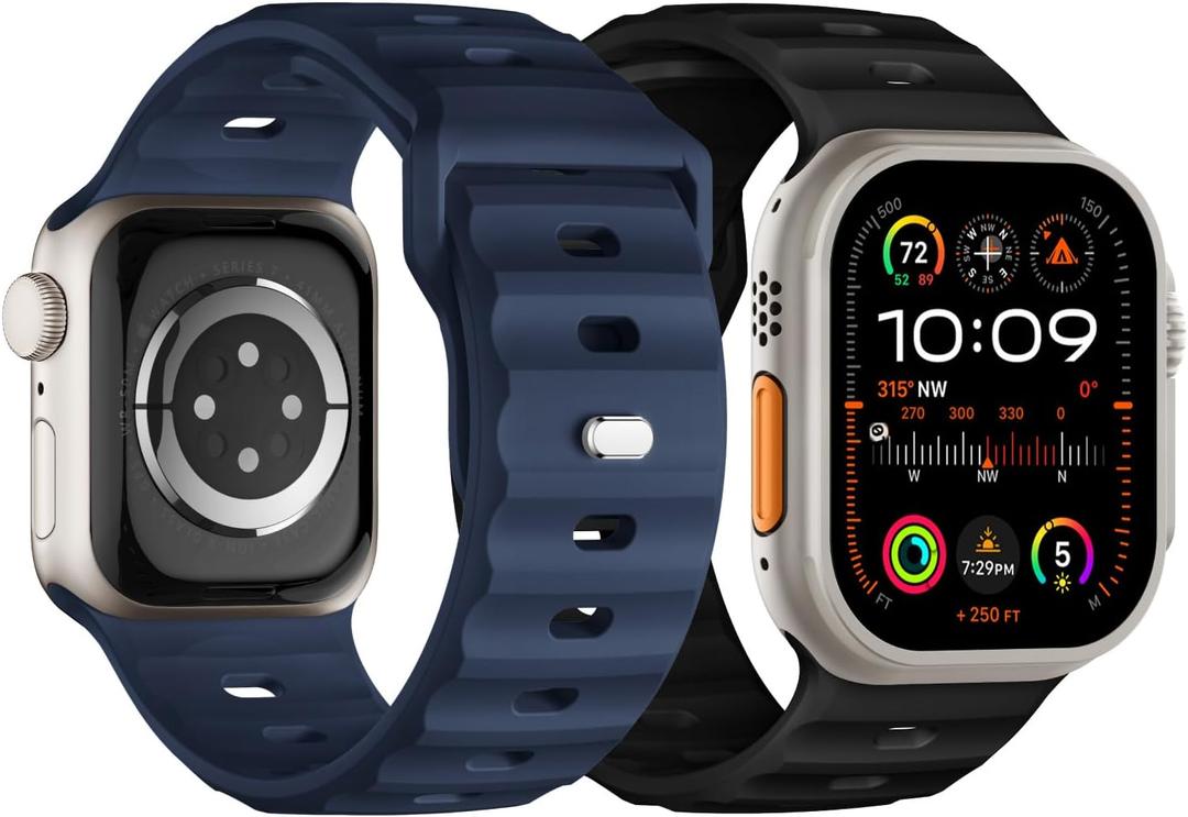 Sport Band Compatible with Apple Watch Ultra 2 Band 49mm 46mm 45mm 44mm 42mm for Men, Soft Silicone Wristbands Waterproof Replacement Strap for iWatch Series 11 10 9 8 7 6 5 4 3 SE Ultra 3 2 1, 2 Pack (Black/Navy Blue)