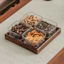 Square Glass Snackle Box Container Snack Organizer and Fruit Platter with Walnut Wooden Lids and Tray Divided Serving Tray for Nuts Candy Fruits (4 Jars)