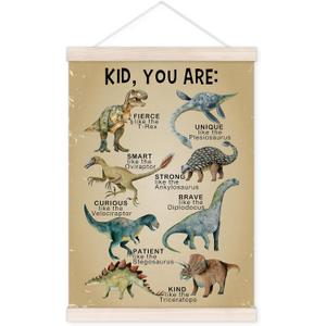 TWRVI Dinosaur Inspirational Poster Hanger with Wood Frame, You Are Positive Affirmations Wall Art Decor for Kids, Motivational Posters for Kids Boys Nursery Room Bedroom Playroom Decor, 12x16 Inch