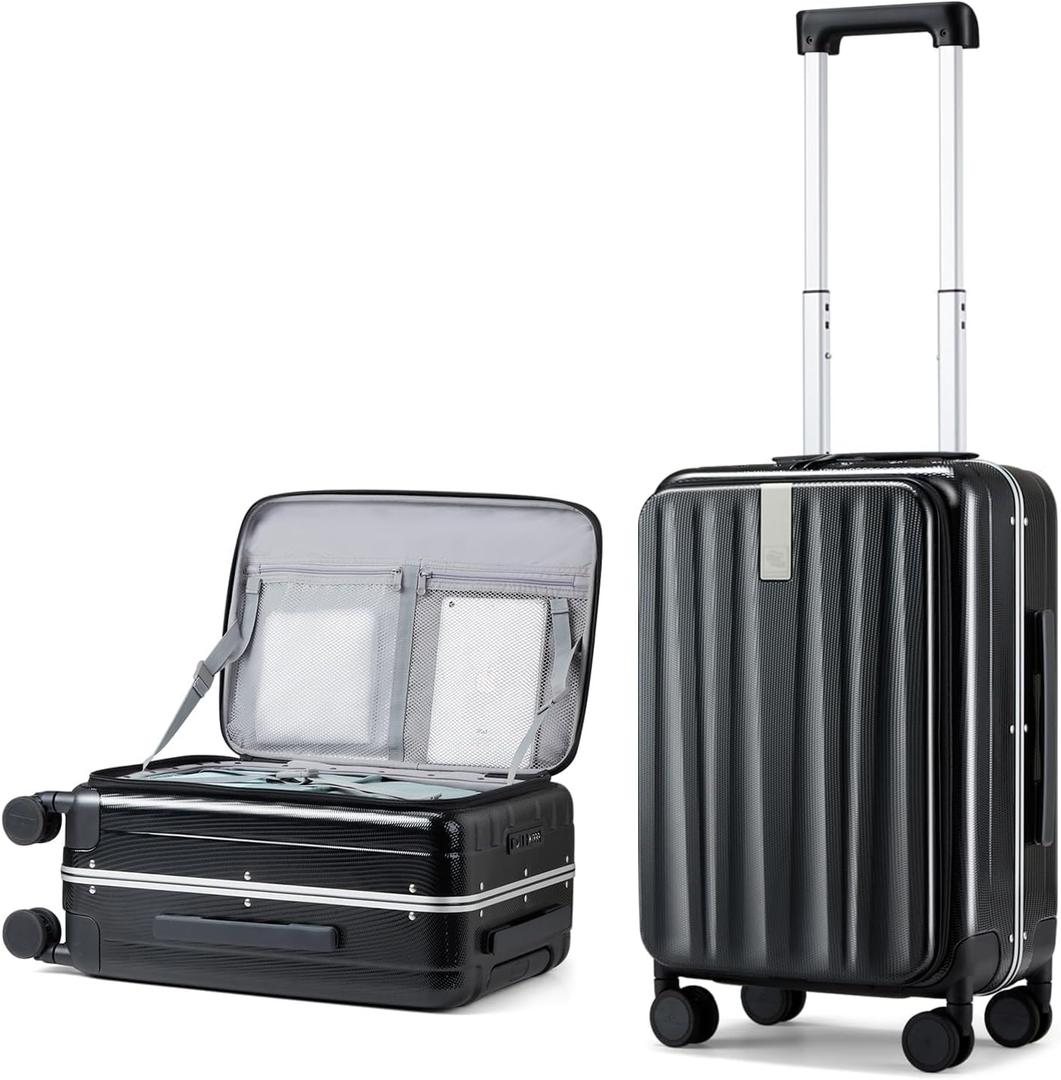 Hanke 20 Inch Carry-On Luggage PC Hard Shell Suitcases for Travel Front Opening Aluminum Frame Travel Luggage Rolling Suitcase with Wheels for Women Man Gifts.(Jet Black)
