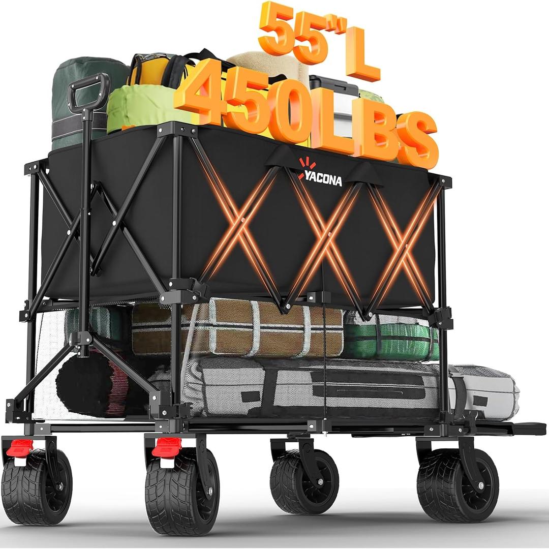 400L Large Double Decker Wagon Collapsible, 450lbs Beach Wagons Carts Foldable Heavy Duty, 55" Extended Utility Folding Cart for Camping, Garden, Sports, Grocery, Shopping