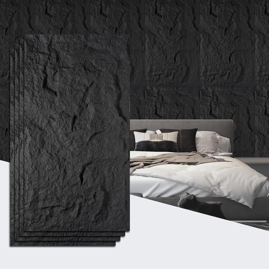 4Pcs Faux Stone Wall Panel 43.3''x23.6'',Lava Stone Design, Black | PU Stone Wall Panel for Interior Wall Decor, Bedroom, Living Room, Office