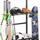 PLKOW Sports Equipment Storage for Garage, Indoor/Outdoor Sports Rack for Garage, Ball Storage Garage Organizer with Basket and Hooks,Toy/Sports Gear Storage (Black, 17.2"L x 12.6"W x 59"H)