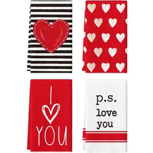 Artoid Mode Red Heart Stripe I Love You Valentine's Kitchen Towels Dish Towels, 18x26 Inch Farmhouse Wedding Decoration Hand Towels Set of 4