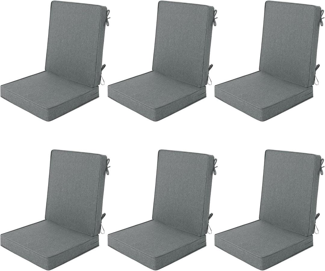 Outdoor Chair Cushions 20x20, Water-Resistant & Fade-Resistant, Patio Furniture Lawn Dining Chair Seat Replacement with High Back, Ties Zipper, Removable Cover, Set of 6, Dark Grey, 20" x 20" 6 Pack