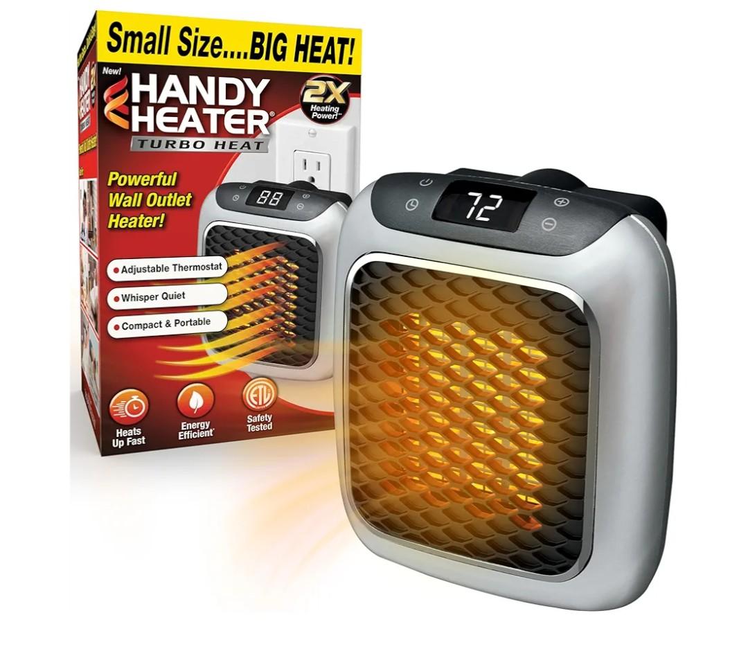 Ontel Handy Heater Turbo Wall Outlet Plug In Heater – Portable Indoor Ceramic Space Heater w/Adjustable Thermostat, 12-Hour Timer, Auto Shut Off, Quiet – Plug In Wall for Office, Bedroom, Camping