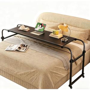TigerDad Overbed Table with Wheels, Rolling Desk for King Queen Full Bed Heavy Duty, 55"-83" Adjustable Length & Height Hospital Nursing Table, Mobile Cross Bed Laptop Stand for Home Work, Black