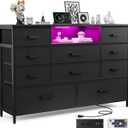 Dresser with Charging Station, Black Dresser for Bedroom with 10 Drawers, TV Stand Storage with LED Light for 55" TV, Fabric Drawers with PU Finish, Morden Chest of Drawers for Bedroom, Closet