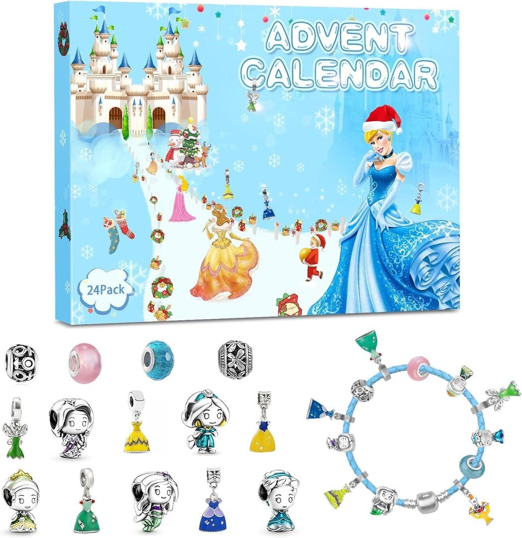 New Advent Calendar 2025 for Girls, Christmas 24 Days Countdown Calendar with 2 Bracelets and 22Pcs Unique Cartoon Charm Princess Beads, Christmas Toy Gifts for Girls Kids Teens Children (Colorful)