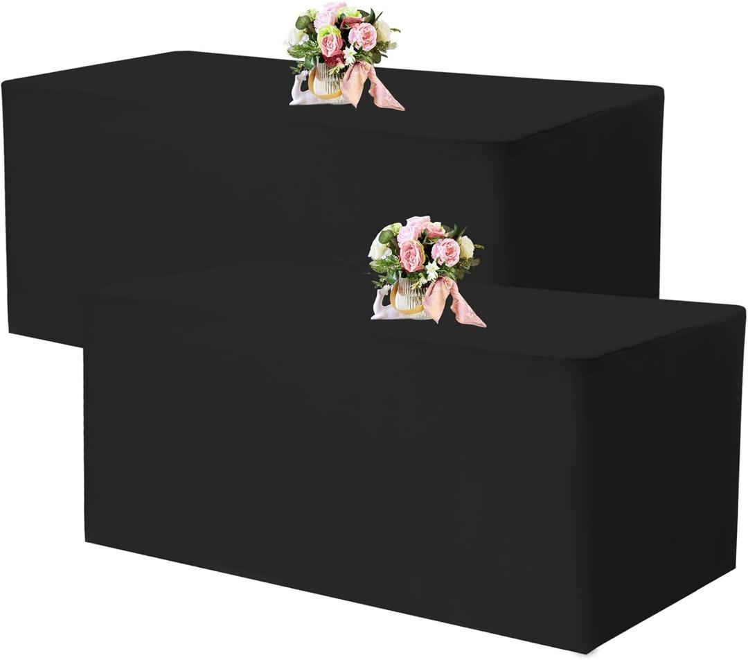 Fivenl 2 Pack Fitted Tablecloths 72 x 30 Inch, Black Rectangle Table Clothes for 6 Foot Tables, Washable Polyester Fabric Table Cover for Parties, Wedding, Banquet, Trade Show