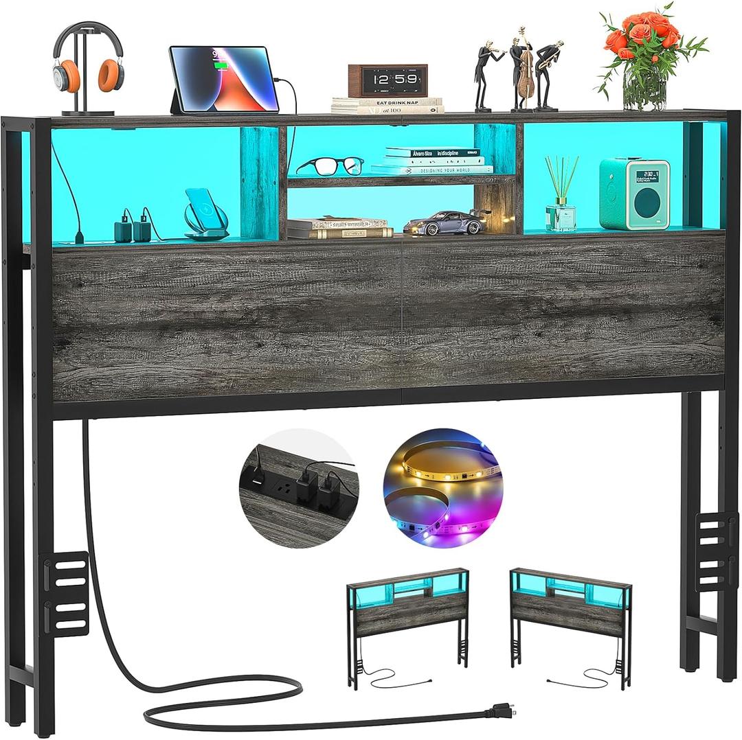 Aheaplus Headboard for Full Size Bed with Storage, Headboards with Outlets, USB Ports and LED Light, Full Size Head Board Only, Height Adjustable, Reversible, Sturdy and Stable Headboard, Black Oak