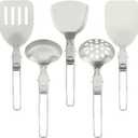 Camping Kitchen Utensil Set, 5Pcs Portable Foldable Stainless Steel Outdoor Cooking Utensil, Practical Folding Soup Ladles Strainer Spatula Kitchen Gear for Outdoor Camping (Silver)