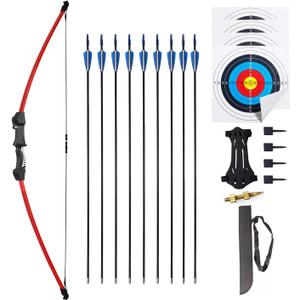 45" Youth Bow and Arrows Set for Kids 8-12 Teens Recurve Archery Beginner Gift Longbow Kit, Outdoor Hunting Play Gift, 9 Arrows, 4 Target Face for Backyard Game Age 12-14 14-16 (Red)