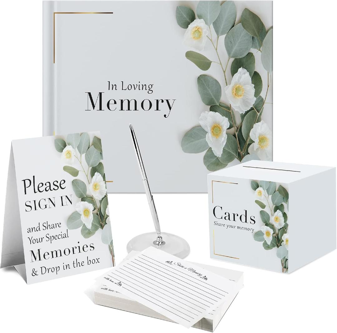 7 pcs Guest Book Set, Funeral Guest Book, Includes: Guestbook, 50 Memory Cards, Ball Pen+Pen Stand, Table Sign, Card Box, Mailer Box, Celebration of Life Guest Book, Registry Book, Memory Book