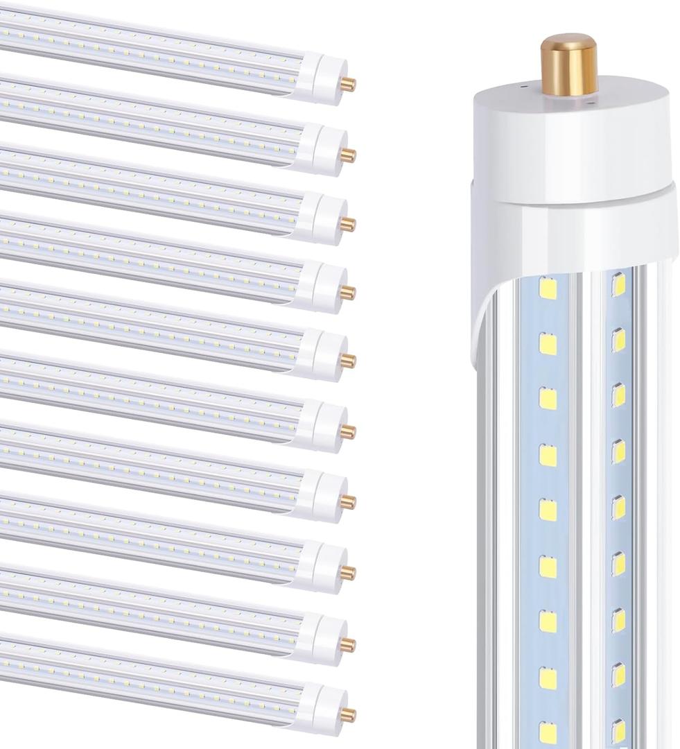 T8 V Shaped 8FT LED Tube Light,Need Bypass Ballast,90W Single Pin FA8 Base 6000K Cold White, 8 Foot (Replace 180W Lamp) Dual-Ended Power AC 90-277V 10 Pack