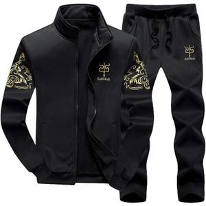 PASOK Men's Casual Tracksuit Full Zip Running Jogging Athletic Sports Jacket And Pants Set (Black)