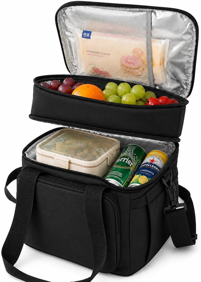 Double Deck Lunch Bag for Men Women - 18L Insulated Cooler Bag, Leakproof PEVA Lined, Large Soft Adult Lunch Box for Work, Office, Picnic, Beach, Camping, Travel (Black)