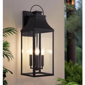 tewei 25'' Large Outdoor Wall Light, Porch Light Outdoor Wall Sconce Lantern, 4-Light Modern Black Exterior Lighting Fixture Wall Mount, Outside Light for House Garage, 1-Pack