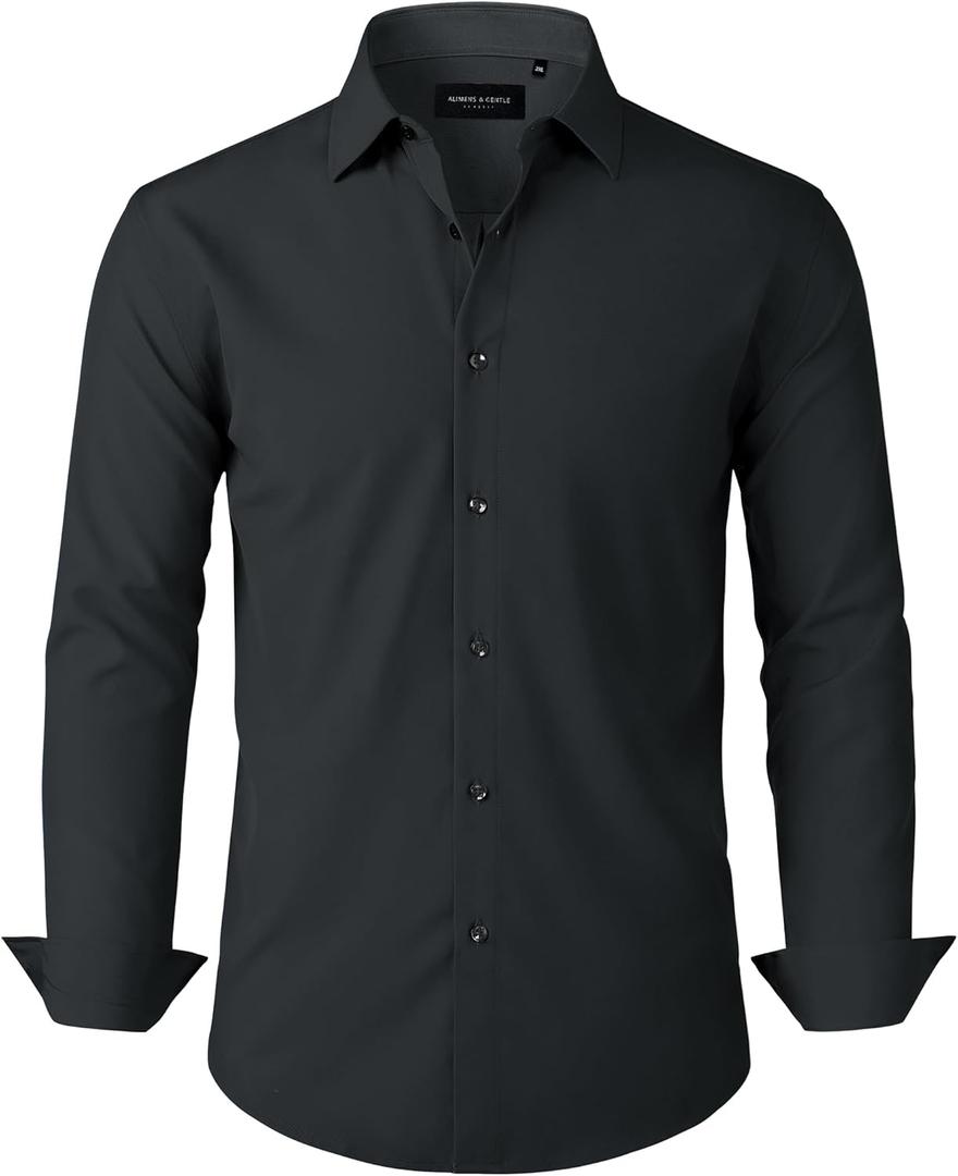 Alimens & Gentle Mens Dress Shirts Stretch Long Sleeve Formal Business Wedding Button Down Shirt Wrinkle Free (Black, L)