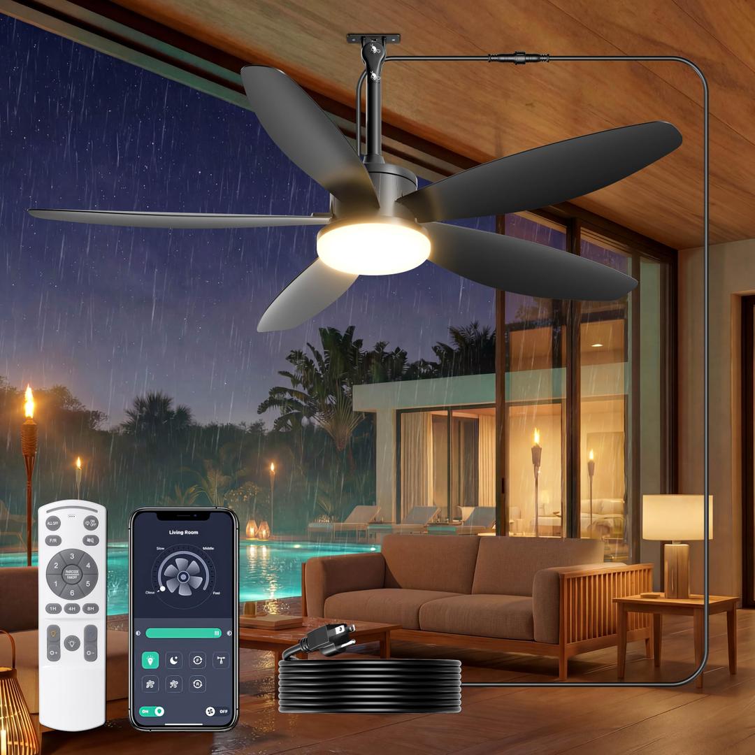 Phylluz Outdoor Ceiling Fan with Lights, 42 Inch Plug in Gazebo Fans with Remote APP Control, Quiet DC Motor, Dimmable 3CCT, Waterproof Hanging Fans for Patios, Porch, Black